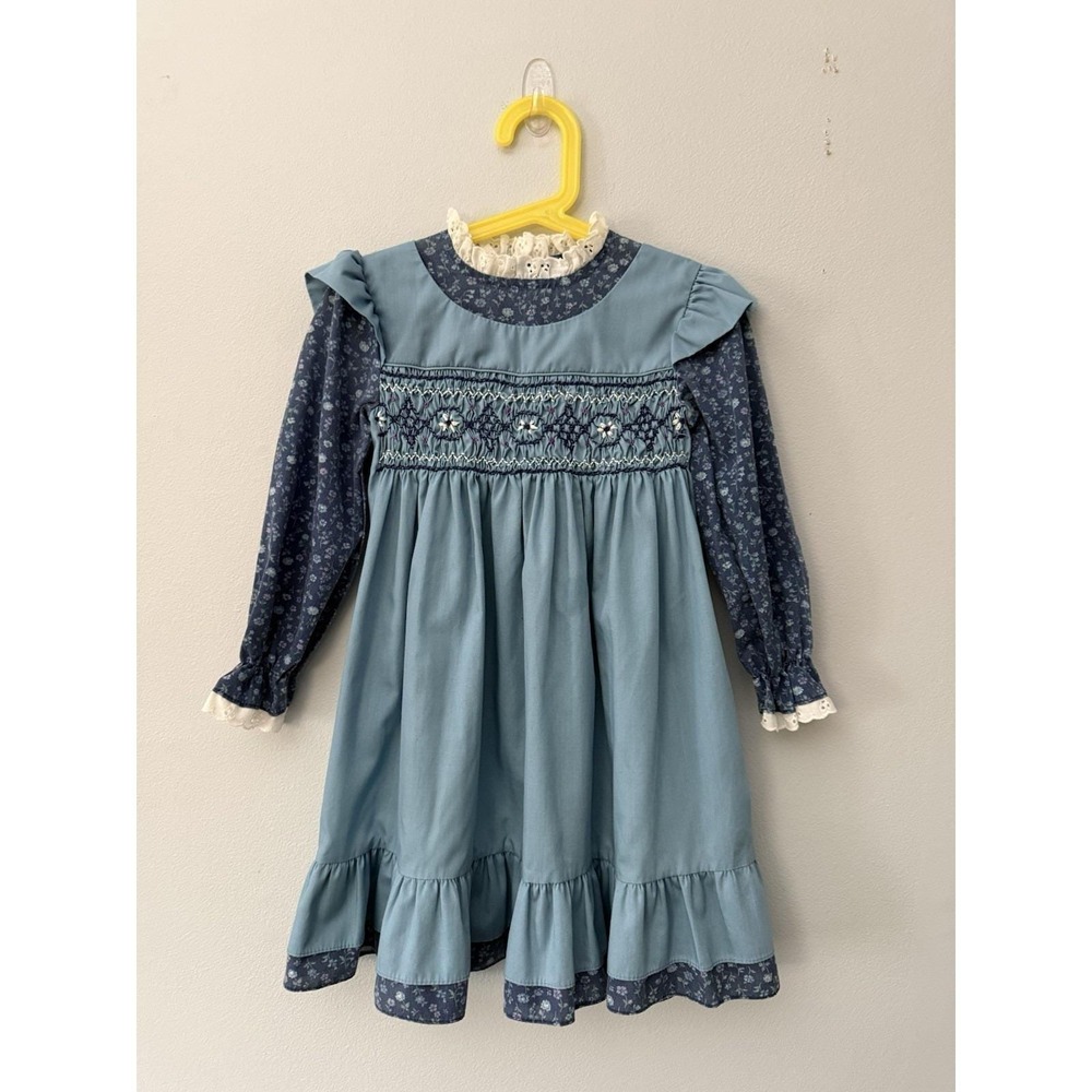 Vintage Polly Flinders Hand Smocked Embroidered Long Sleeve Prairie Dress Sz 6